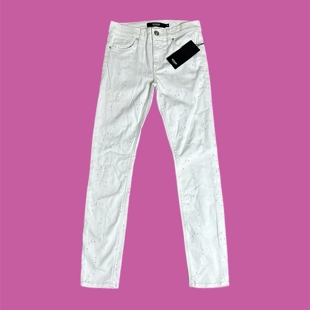 NWT HUDSON Soft Light Gray Paint Splatter Print Mid Rise Skinny Jeans Sz 25